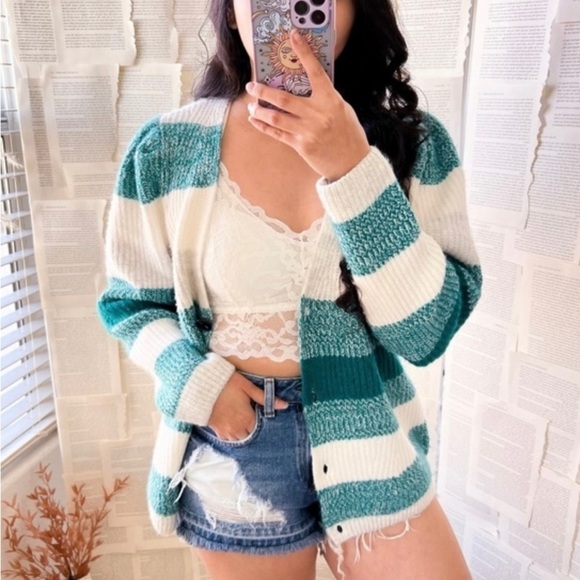 Vince Camuto Cardigan Button Sweater Size XS Teal Blue Green Knit Striped Soft - Picture 2 of 8